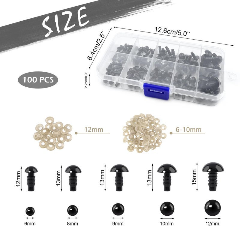 Quacc 100 PCS Safety Eyes with Washers, Black Plastic Toy Eyes for Crochet Crafts, DIY Craft Dolls, Stuffed Animals, Teddy Bears (6-12 mm) - Image 2